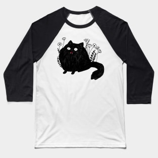 Funny fluffy black cat with flowers Baseball T-Shirt